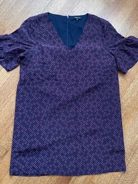 Madewell 100% Silk Size 12 Dress Bell Flutter Sleeve Mini Purple Navy Clover